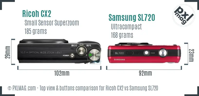 Ricoh CX2 vs Samsung SL720 top view buttons comparison