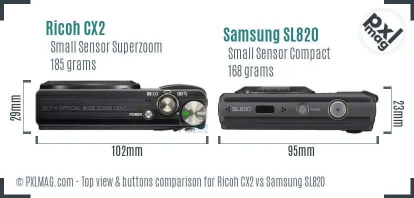 Ricoh CX2 vs Samsung SL820 top view buttons comparison