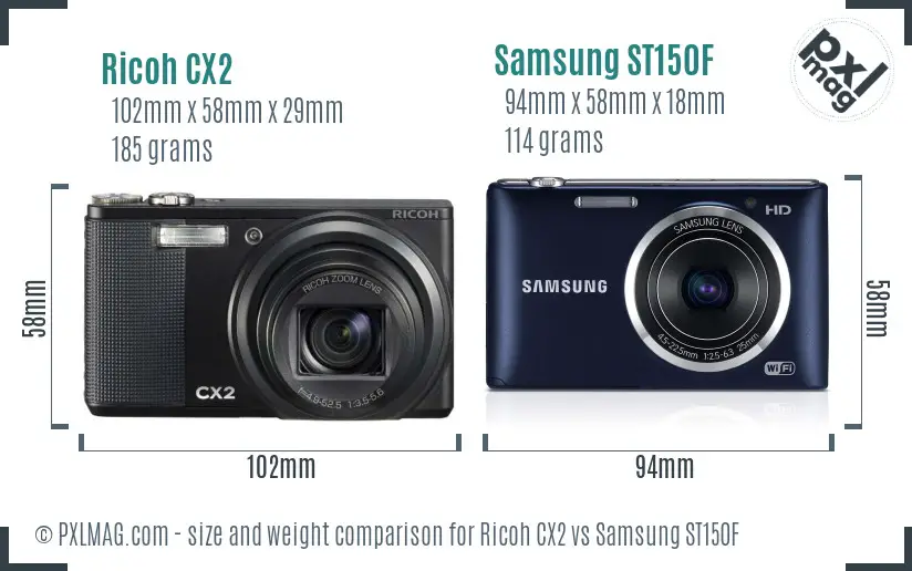 Ricoh CX2 vs Samsung ST150F size comparison