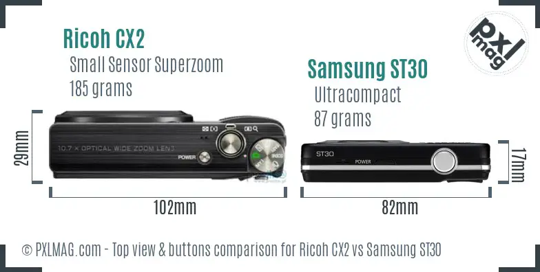 Ricoh CX2 vs Samsung ST30 top view buttons comparison