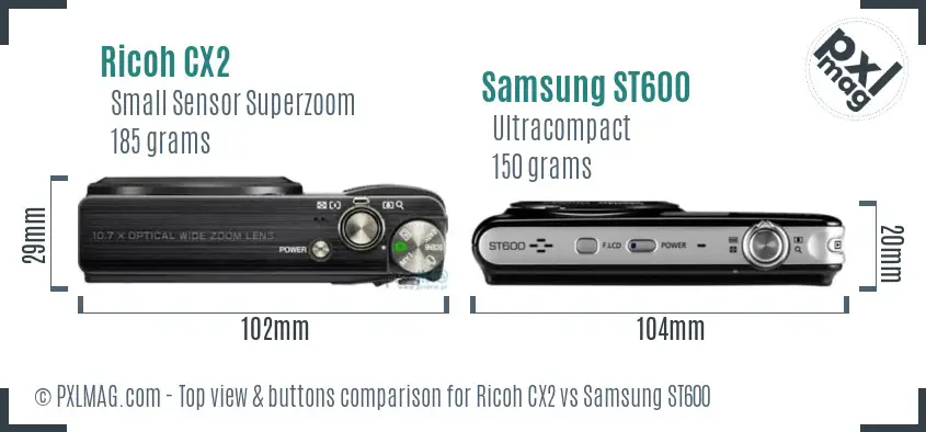 Ricoh CX2 vs Samsung ST600 top view buttons comparison