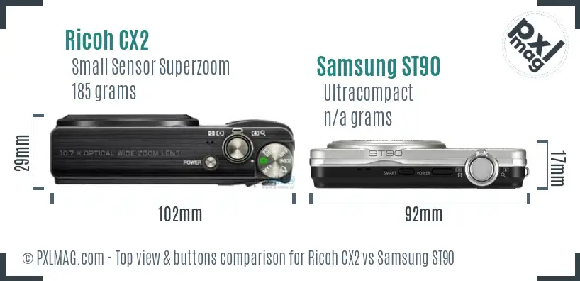 Ricoh CX2 vs Samsung ST90 top view buttons comparison
