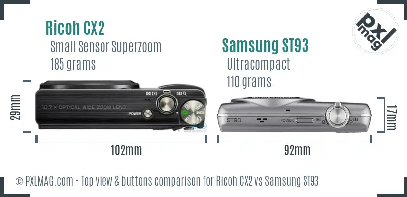 Ricoh CX2 vs Samsung ST93 top view buttons comparison