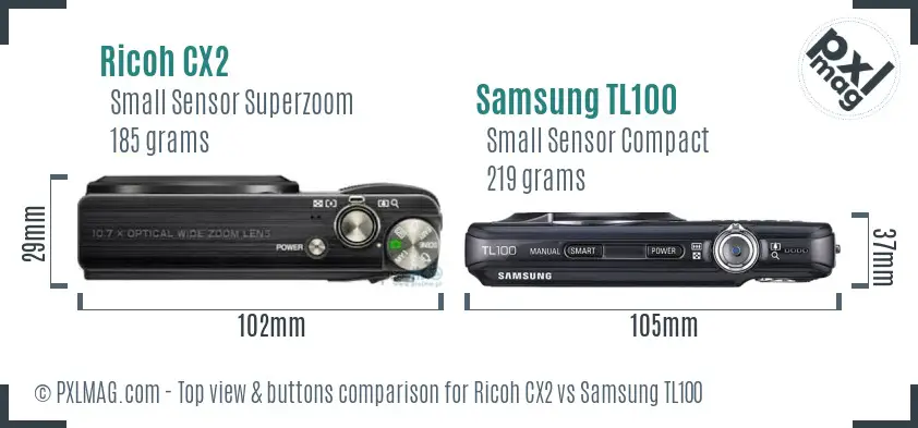 Ricoh CX2 vs Samsung TL100 top view buttons comparison