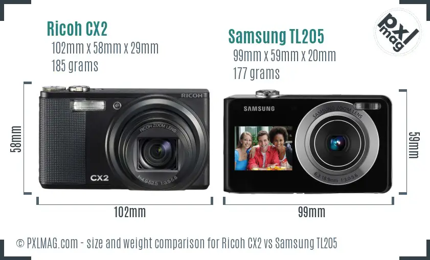 Ricoh CX2 vs Samsung TL205 size comparison