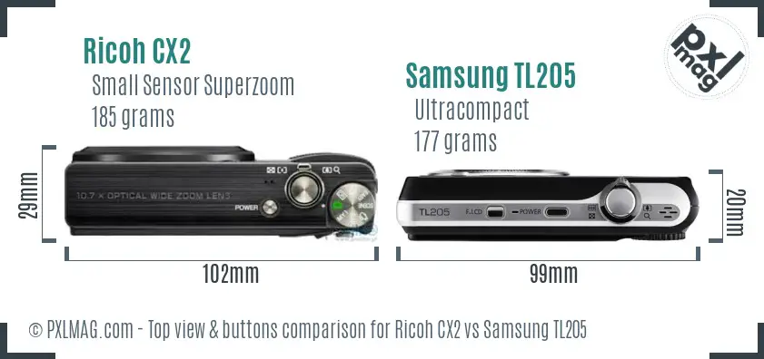 Ricoh CX2 vs Samsung TL205 top view buttons comparison