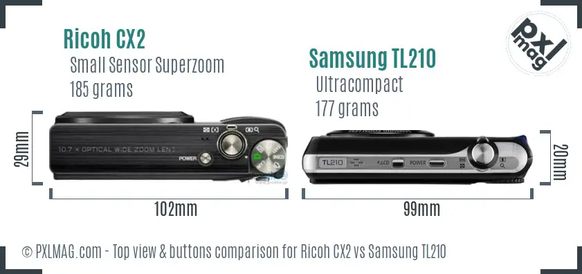 Ricoh CX2 vs Samsung TL210 top view buttons comparison