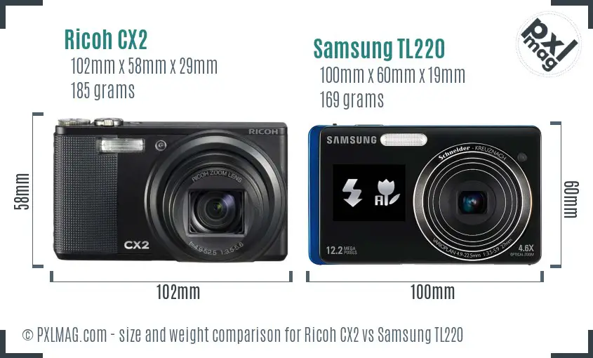 Ricoh CX2 vs Samsung TL220 size comparison