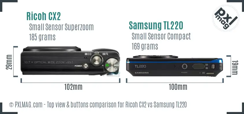 Ricoh CX2 vs Samsung TL220 top view buttons comparison