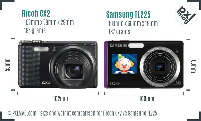 Ricoh CX2 vs Samsung TL225 size comparison