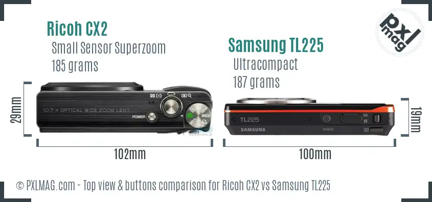 Ricoh CX2 vs Samsung TL225 top view buttons comparison