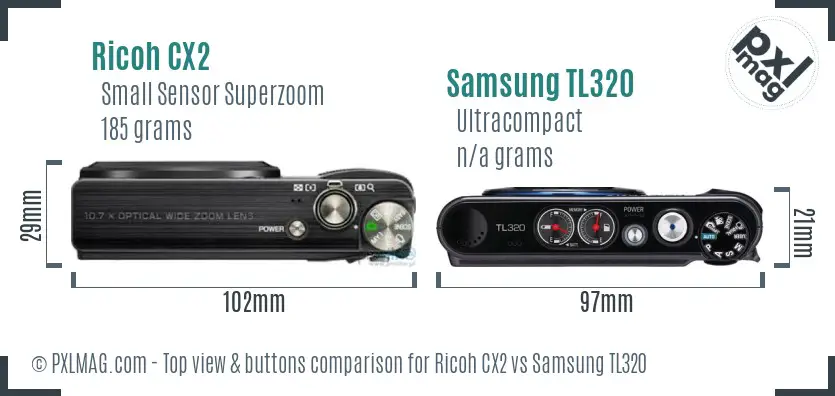 Ricoh CX2 vs Samsung TL320 top view buttons comparison