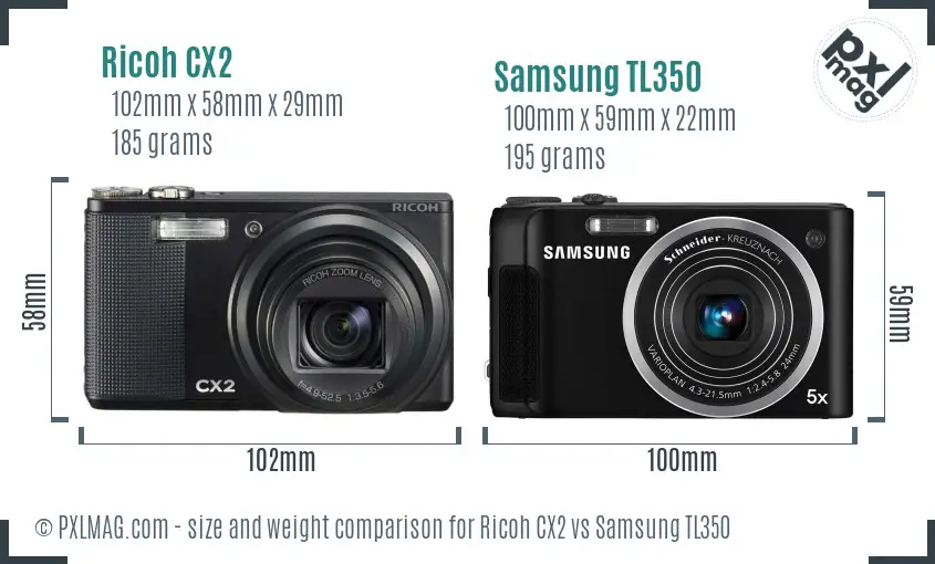 Ricoh CX2 vs Samsung TL350 size comparison