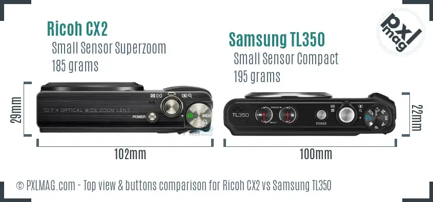 Ricoh CX2 vs Samsung TL350 top view buttons comparison