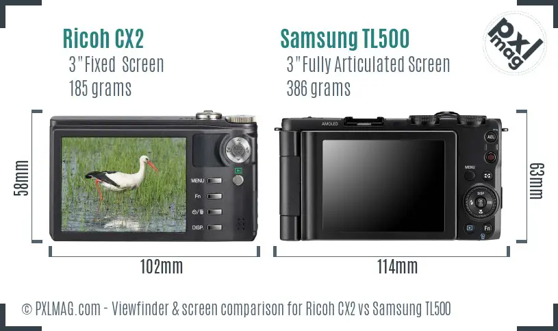 Ricoh CX2 vs Samsung TL500 Screen and Viewfinder comparison