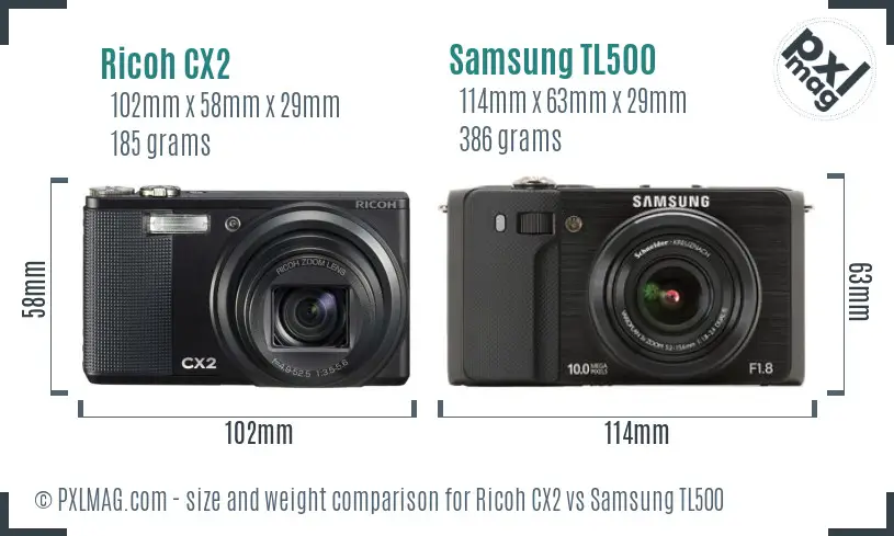 Ricoh CX2 vs Samsung TL500 size comparison