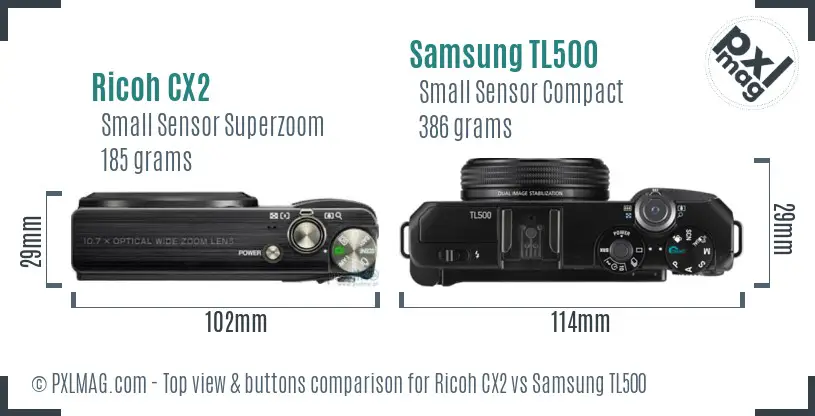 Ricoh CX2 vs Samsung TL500 top view buttons comparison