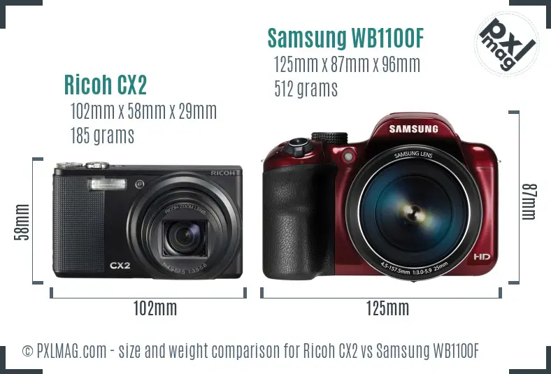 Ricoh CX2 vs Samsung WB1100F size comparison