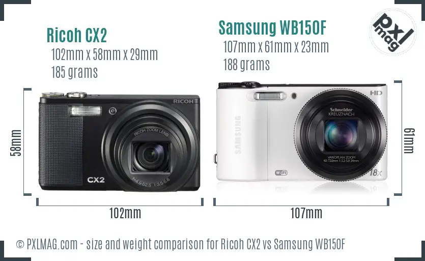 Ricoh CX2 vs Samsung WB150F size comparison