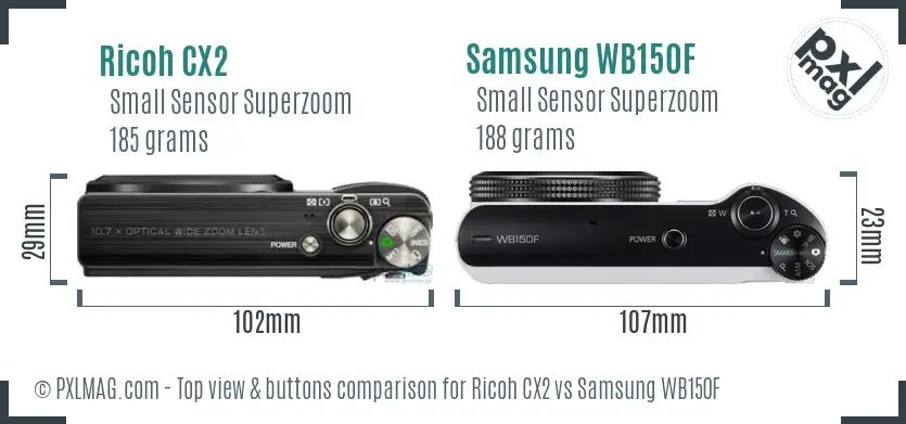 Ricoh CX2 vs Samsung WB150F top view buttons comparison