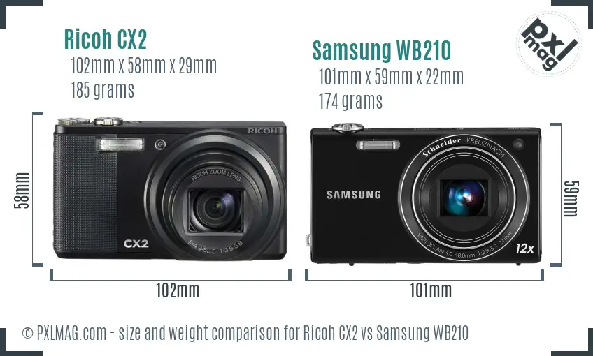 Ricoh CX2 vs Samsung WB210 size comparison