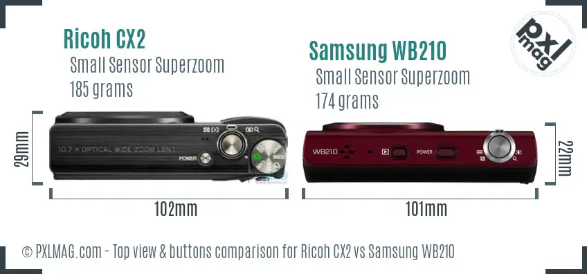 Ricoh CX2 vs Samsung WB210 top view buttons comparison