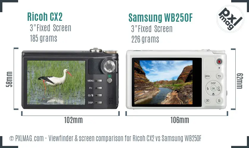 Ricoh CX2 vs Samsung WB250F Screen and Viewfinder comparison