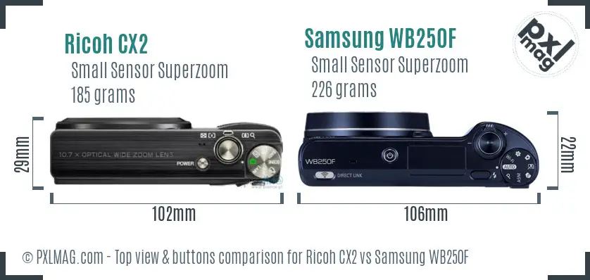 Ricoh CX2 vs Samsung WB250F top view buttons comparison