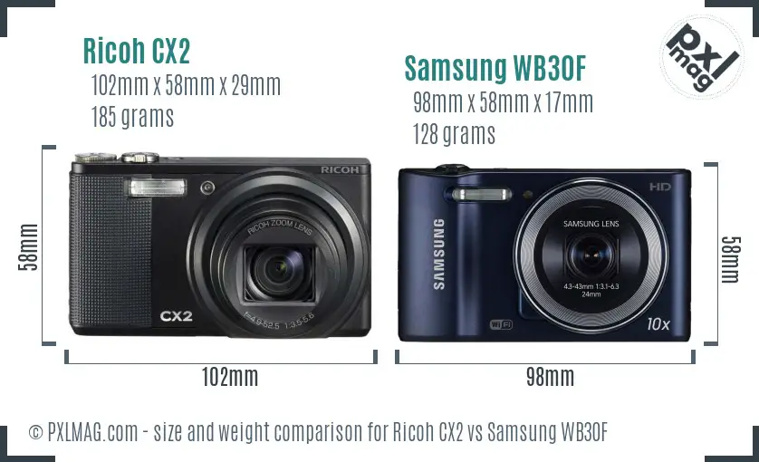 Ricoh CX2 vs Samsung WB30F size comparison