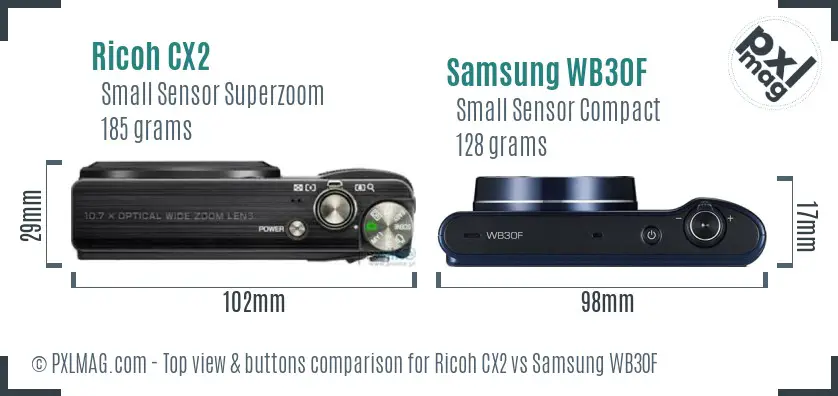 Ricoh CX2 vs Samsung WB30F top view buttons comparison