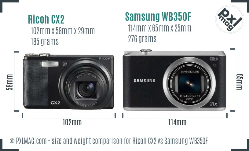 Ricoh CX2 vs Samsung WB350F size comparison