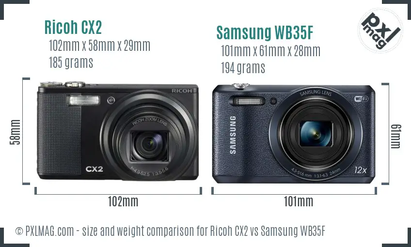 Ricoh CX2 vs Samsung WB35F size comparison