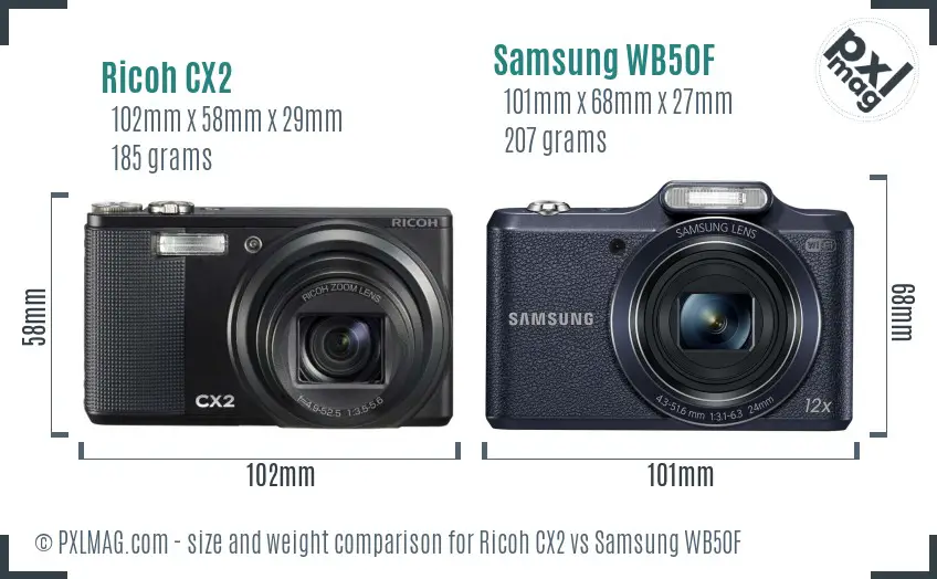 Ricoh CX2 vs Samsung WB50F size comparison