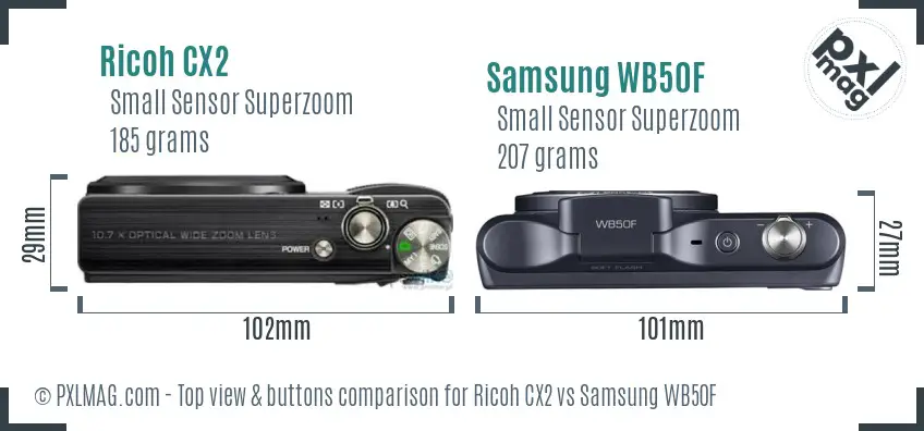 Ricoh CX2 vs Samsung WB50F top view buttons comparison
