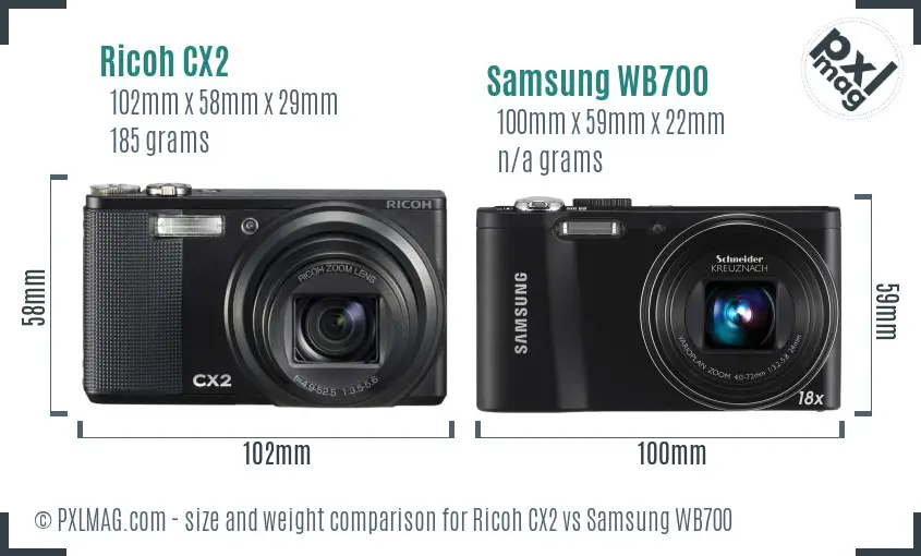 Ricoh CX2 vs Samsung WB700 size comparison