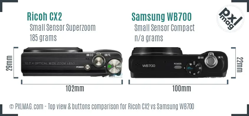 Ricoh CX2 vs Samsung WB700 top view buttons comparison