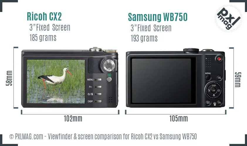 Ricoh CX2 vs Samsung WB750 Screen and Viewfinder comparison