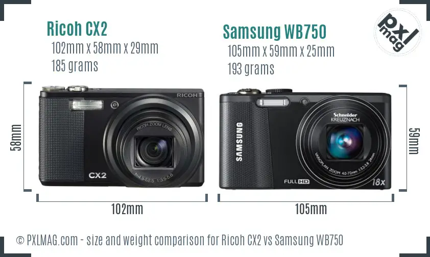 Ricoh CX2 vs Samsung WB750 size comparison