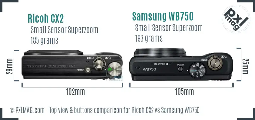 Ricoh CX2 vs Samsung WB750 top view buttons comparison