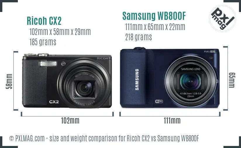 Ricoh CX2 vs Samsung WB800F size comparison
