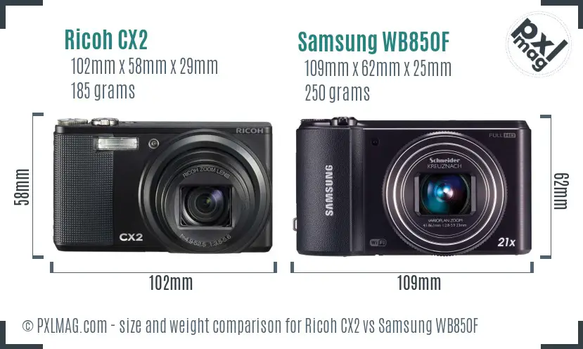 Ricoh CX2 vs Samsung WB850F size comparison