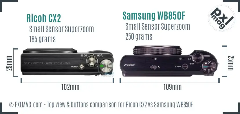 Ricoh CX2 vs Samsung WB850F top view buttons comparison