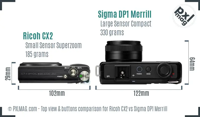 Ricoh CX2 vs Sigma DP1 Merrill top view buttons comparison