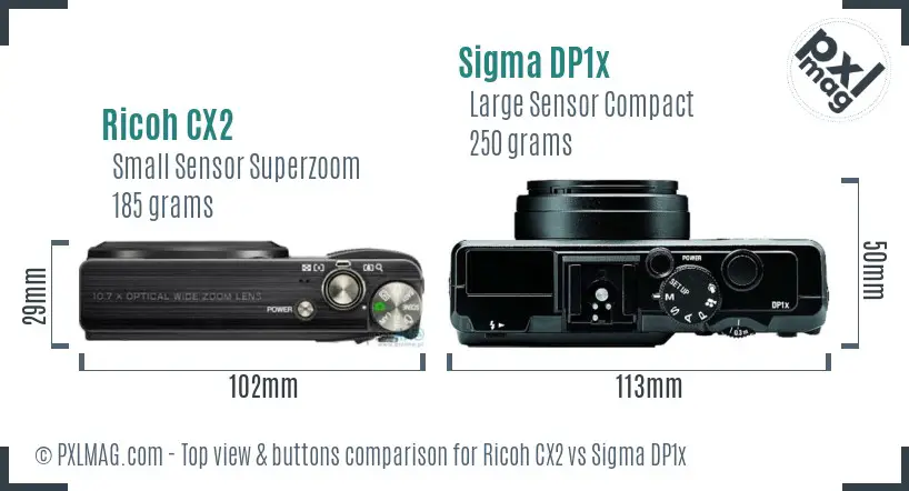 Ricoh CX2 vs Sigma DP1x top view buttons comparison