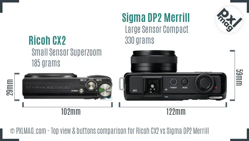 Ricoh CX2 vs Sigma DP2 Merrill top view buttons comparison