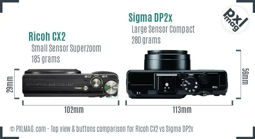Ricoh CX2 vs Sigma DP2x top view buttons comparison