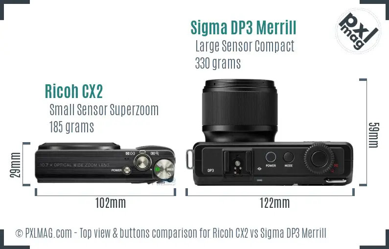 Ricoh CX2 vs Sigma DP3 Merrill top view buttons comparison
