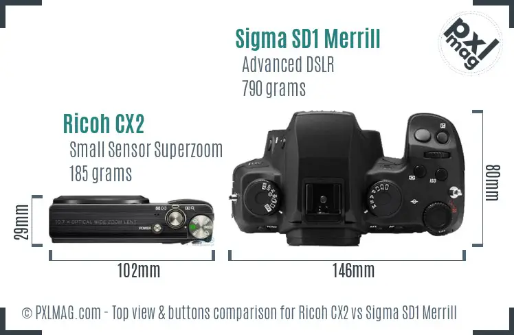 Ricoh CX2 vs Sigma SD1 Merrill top view buttons comparison