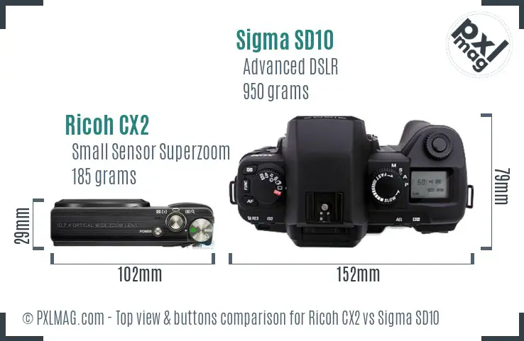 Ricoh CX2 vs Sigma SD10 top view buttons comparison