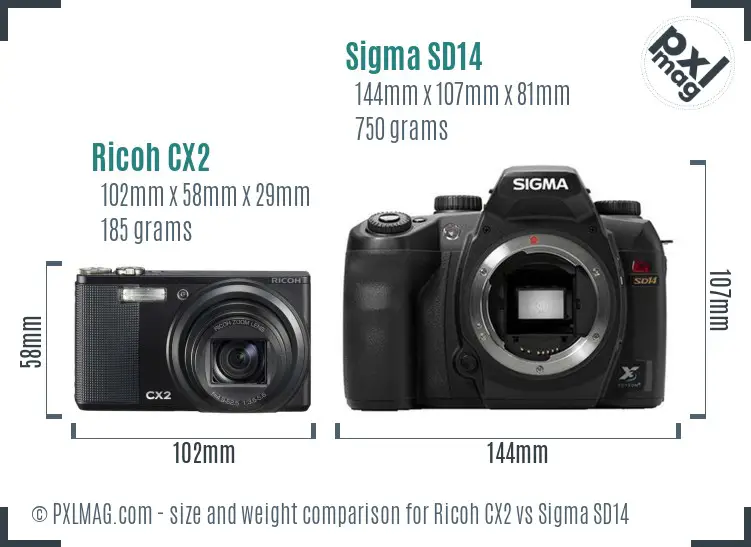 Ricoh CX2 vs Sigma SD14 size comparison